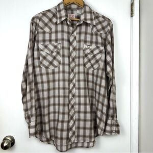 Vintage GWG Western Pearl Snap Cotton Shirt Men’s size L Brown Plaid Retro 80s